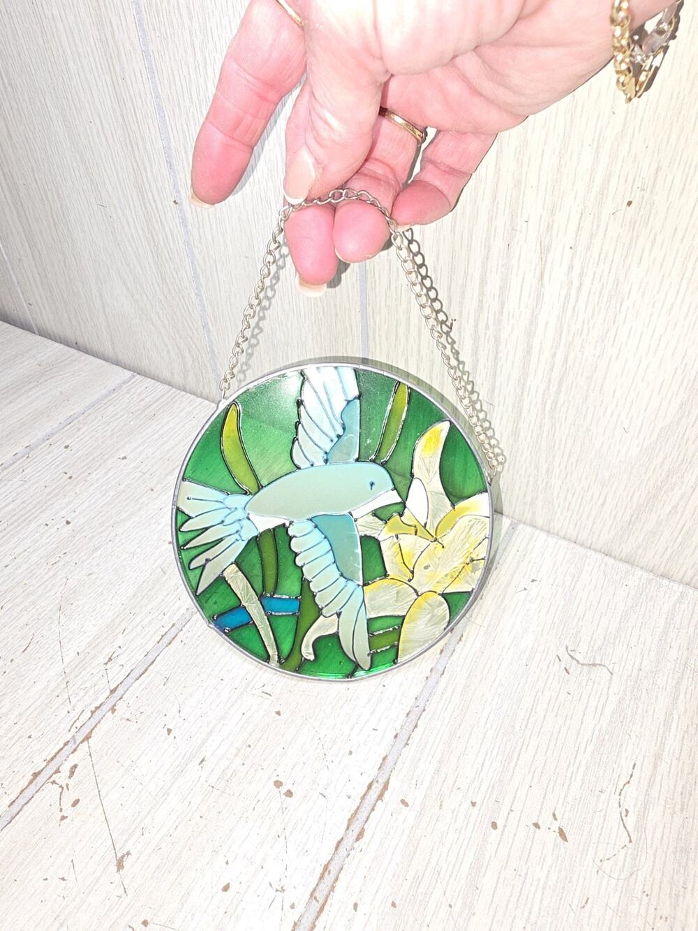 Vintage Suncatcher Hand Painted Stained Glass Window Hummingbird 5" READ